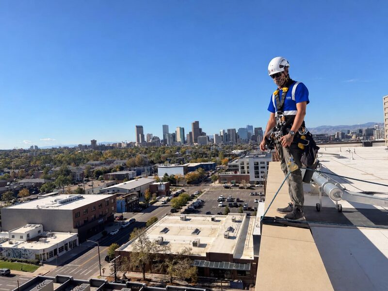 S&K rope technician tied in at a roof edge above the Denver skyline