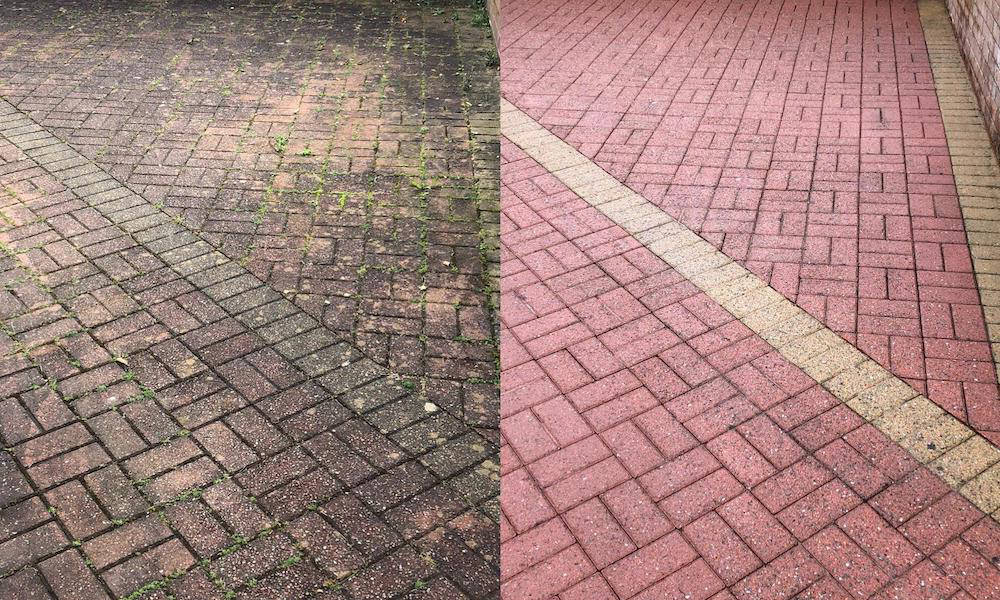 a brick sidewalk in west palm beach looks much cleaner after being power washed